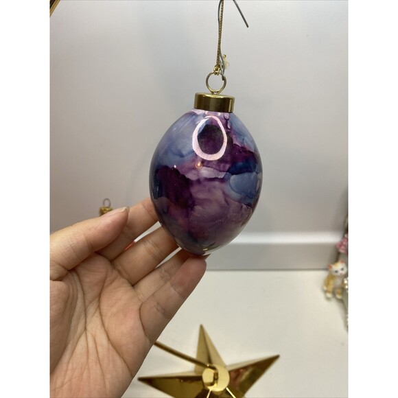 Vtg Susie Groover Handpainted Dripped Purple Blue Glass Ornament Egg Shape 4”H - Picture 1 of 6